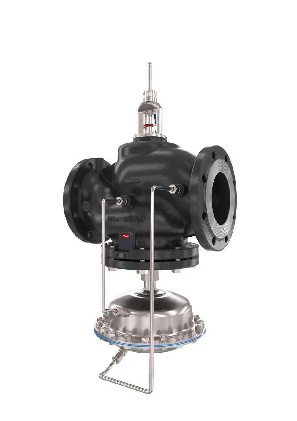 Danfoss Motorstellventil mit einem schwarzen Gehäuse und einer metallenen Unterseite, ausgestattet mit mehreren Anschlüssen und einem Druckmessgerät.